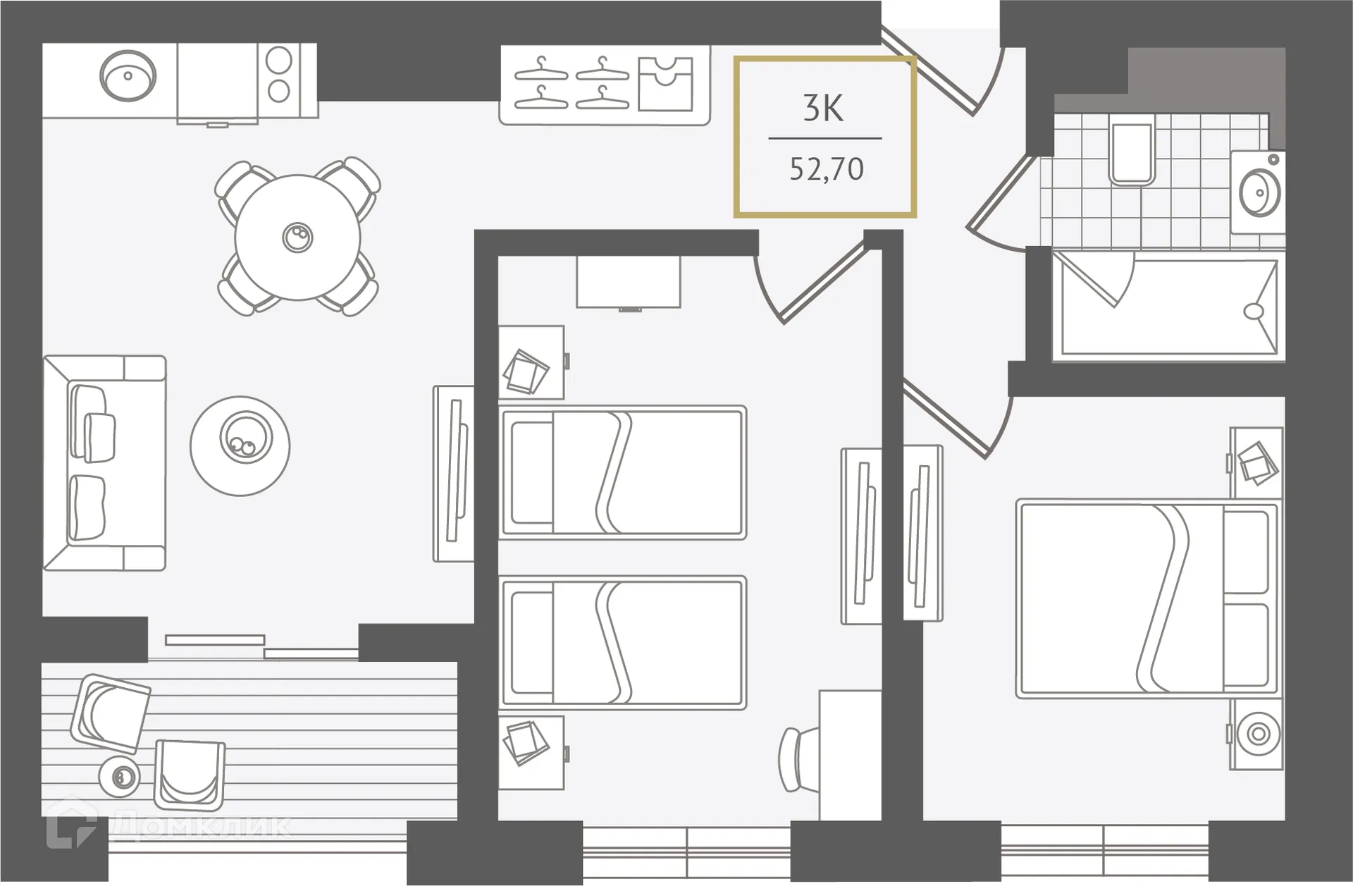 Планировка 3-комнатной квартиры 54.1 м² в ЖК Гостиничный комплекс "Нескучный сад", г. Сочи — фото 1