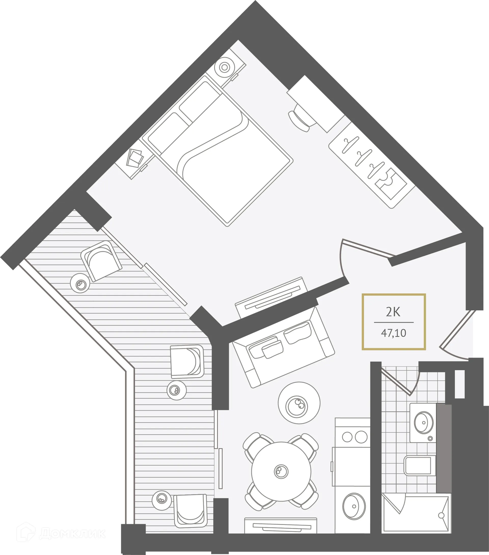 Планировка 2-комнатной квартиры 48.2 м² в ЖК Гостиничный комплекс "Нескучный сад", г. Сочи — фото 1