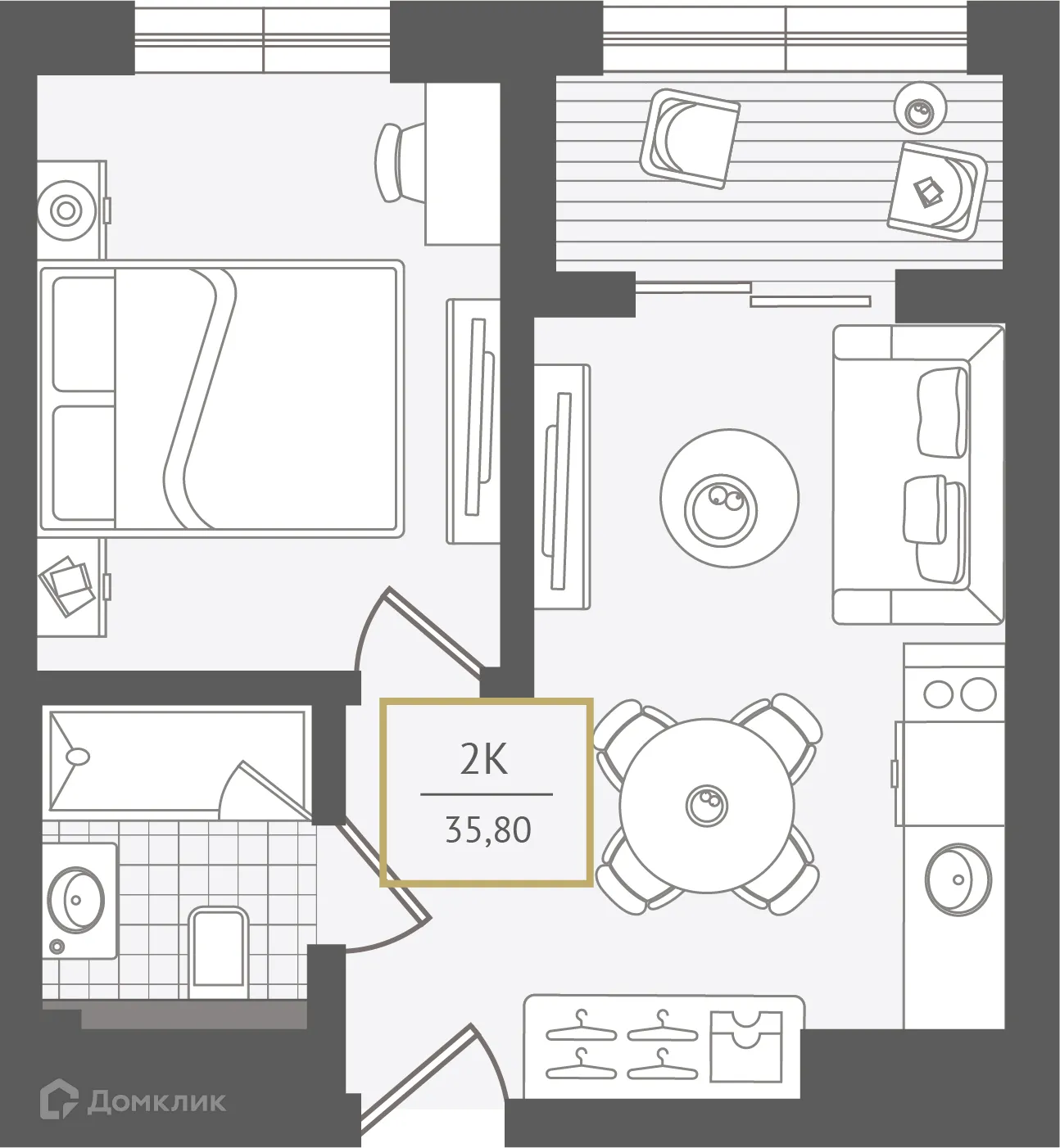 Планировка 2-комнатной квартиры 36.1 м² в ЖК Гостиничный комплекс "Нескучный сад", г. Сочи — фото 1