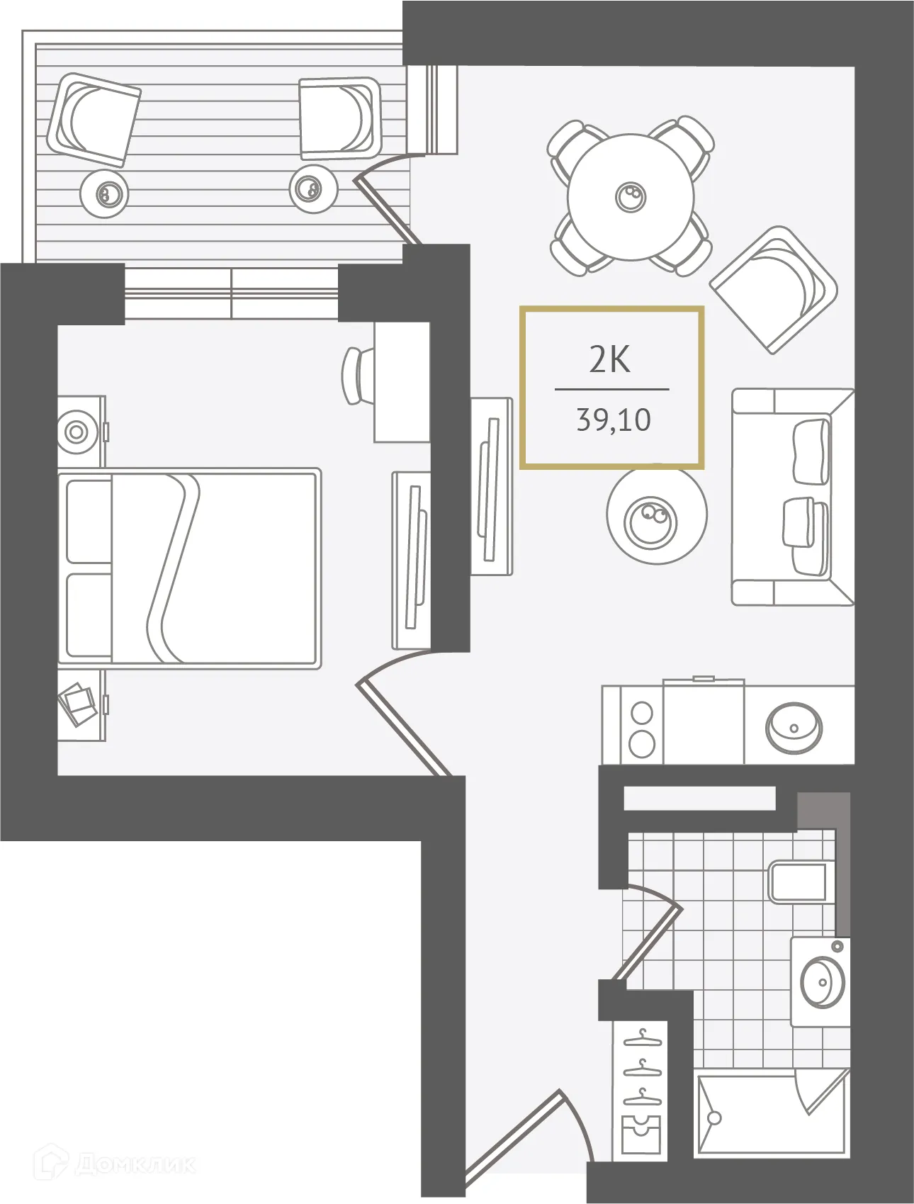 Планировка 2-комнатной квартиры 39.6 м² в ЖК Гостиничный комплекс "Нескучный сад", г. Сочи — фото 1