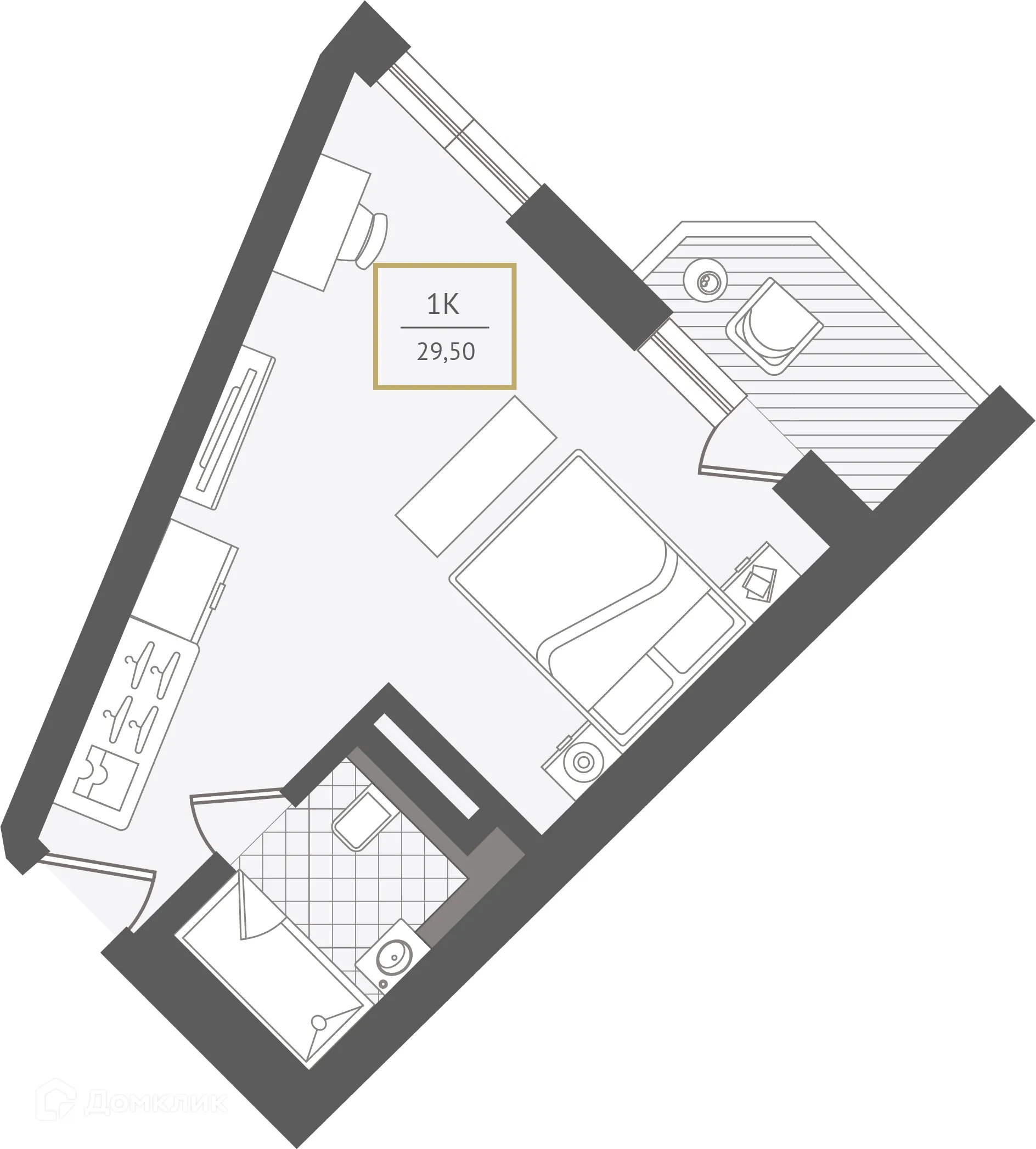 Планировка 1-комнатной квартиры 29.6 м² в ЖК Гостиничный комплекс "Нескучный сад", г. Сочи — фото 1