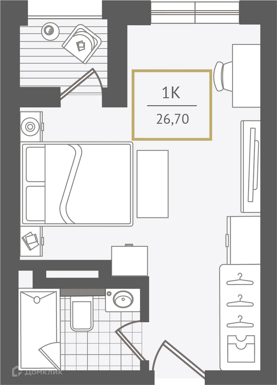 Планировка 1-комнатной квартиры 27 м² в ЖК Гостиничный комплекс "Нескучный сад", г. Сочи — фото 1