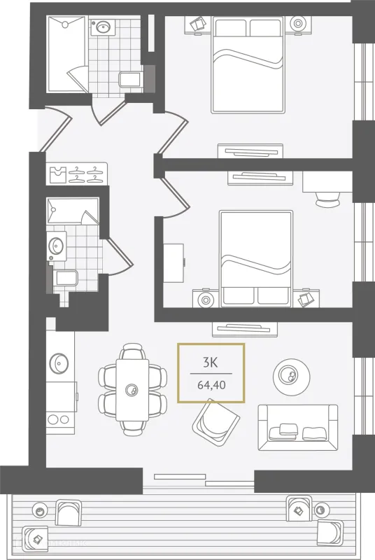 Планировка 3 комн. в ЖК Гостиничный комплекс "Нескучный сад"
