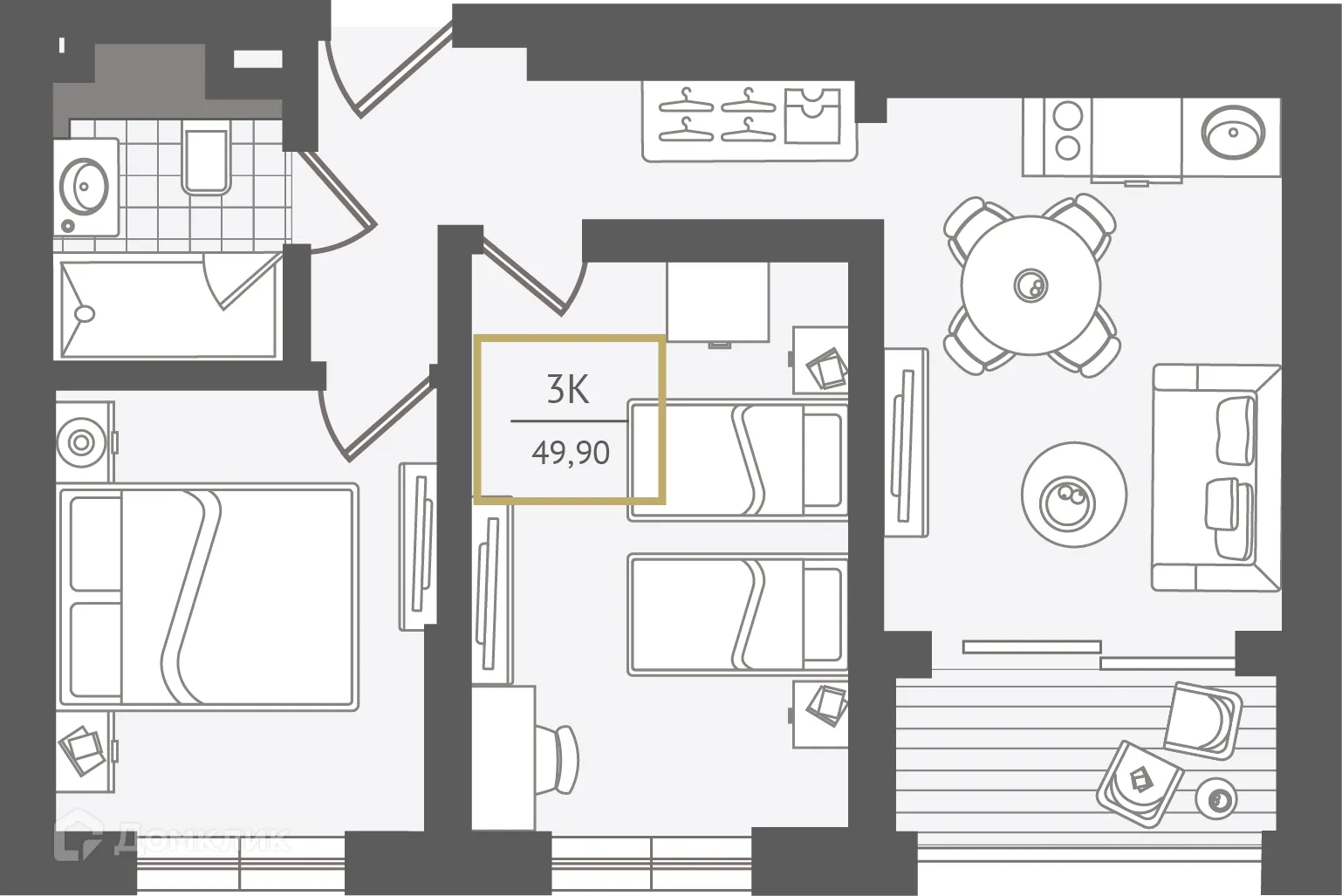 Планировка 3-комнатной квартиры 50.5 м² в ЖК Гостиничный комплекс "Нескучный сад", г. Сочи — фото 1