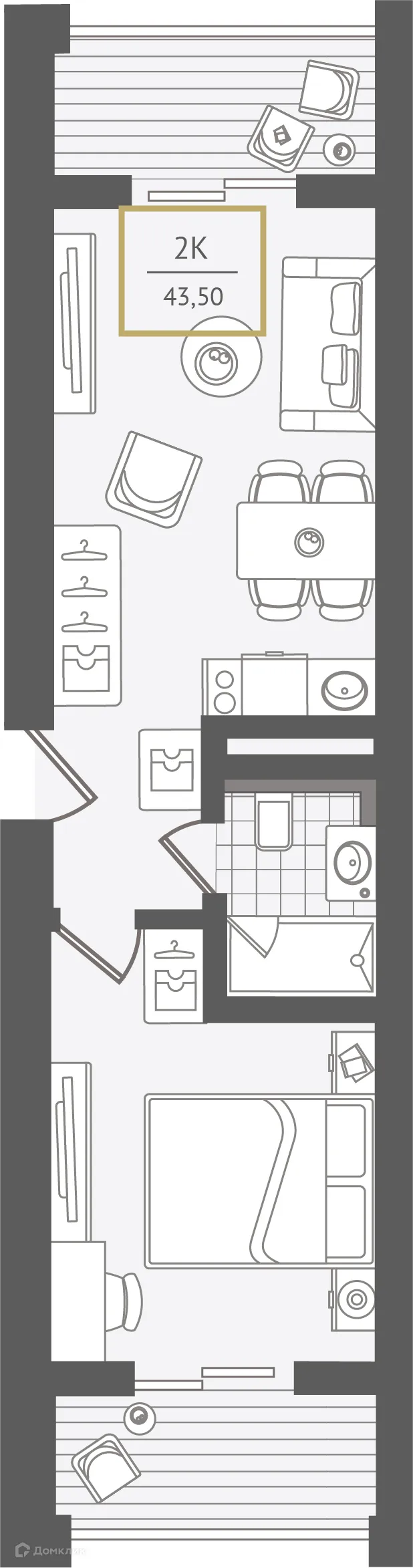 Планировка 2-комнатной квартиры 44.4 м² в ЖК Гостиничный комплекс "Нескучный сад", г. Сочи — фото 1