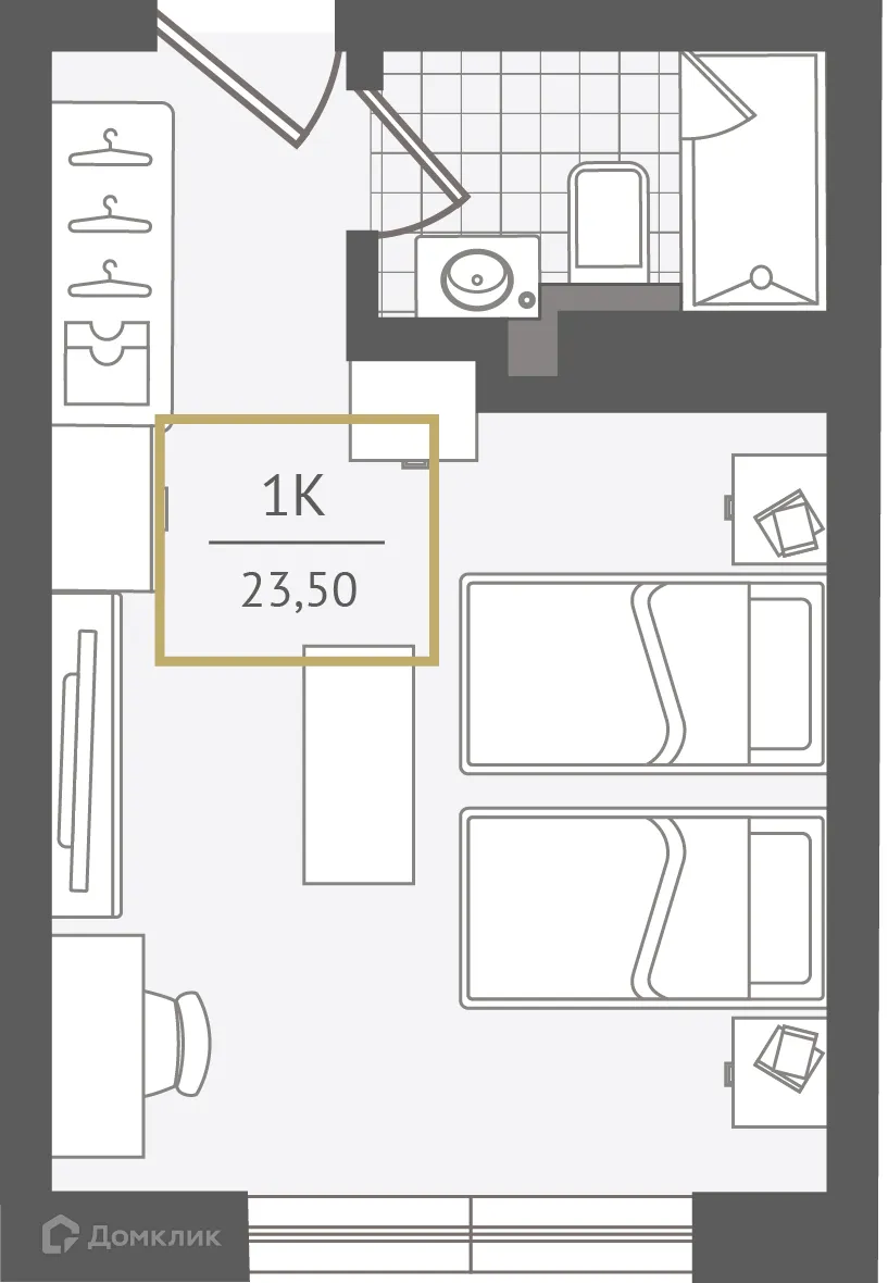 Планировка 1-комнатной квартиры 23.9 м² в ЖК Гостиничный комплекс "Нескучный сад", г. Сочи — фото 1