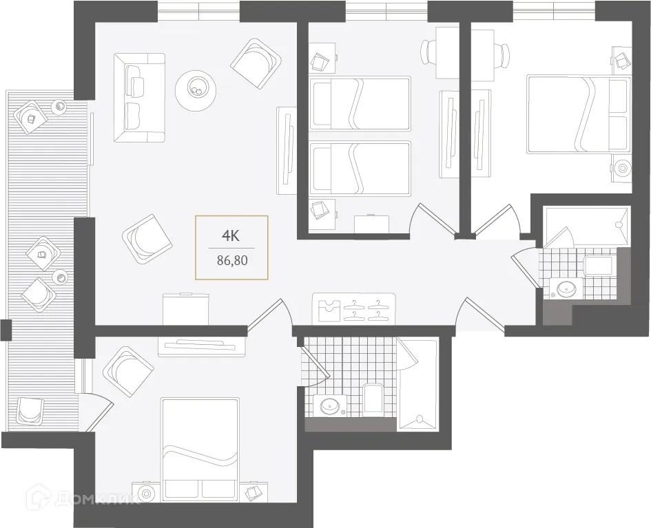 Планировка 4-комнатной квартиры 86.8 м² в ЖК Гостиничный комплекс "Нескучный сад", г. Сочи — фото 1