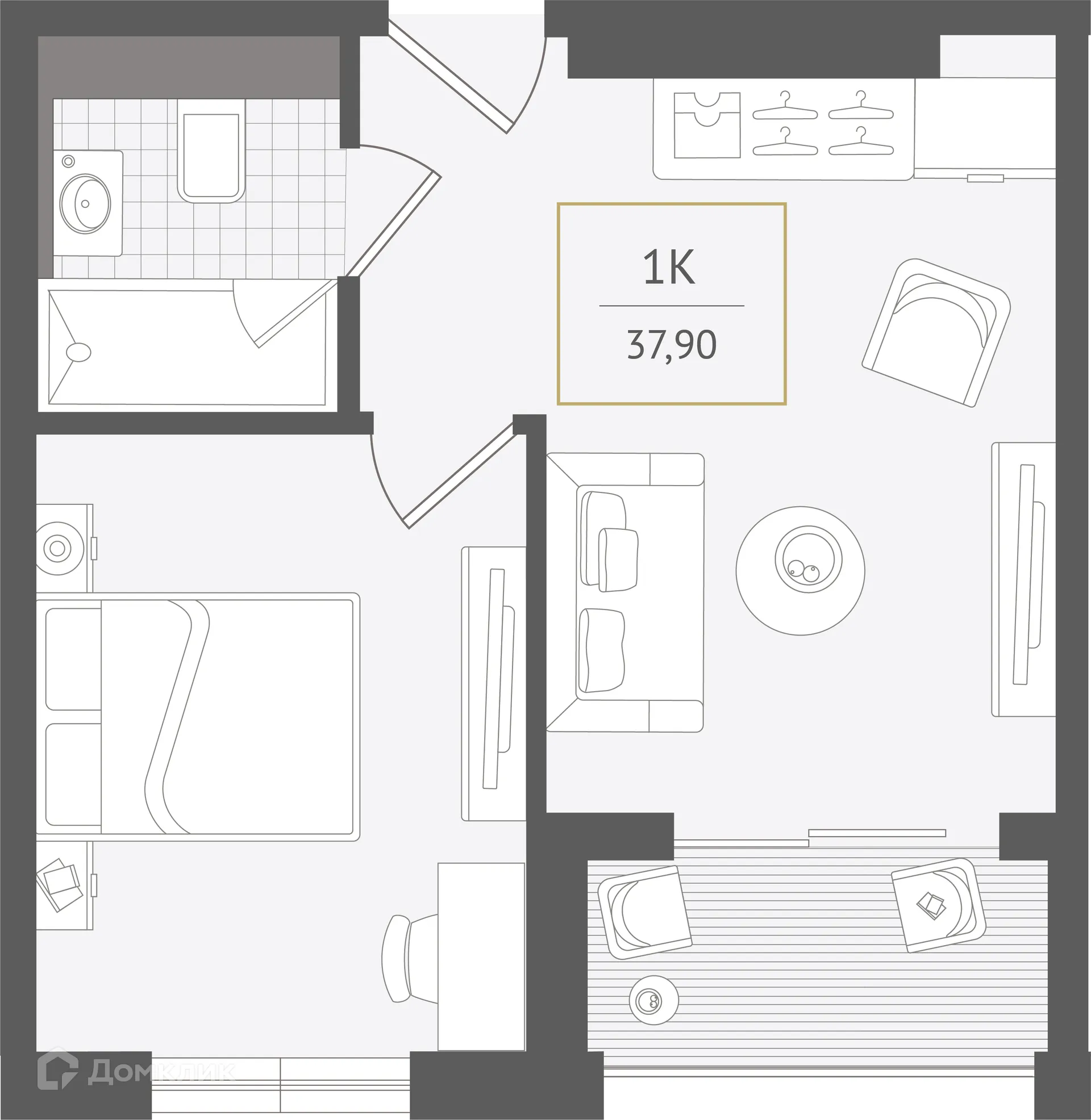Планировка 1-комнатной квартиры 37.9 м² в ЖК Гостиничный комплекс "Нескучный сад", г. Сочи — фото 1