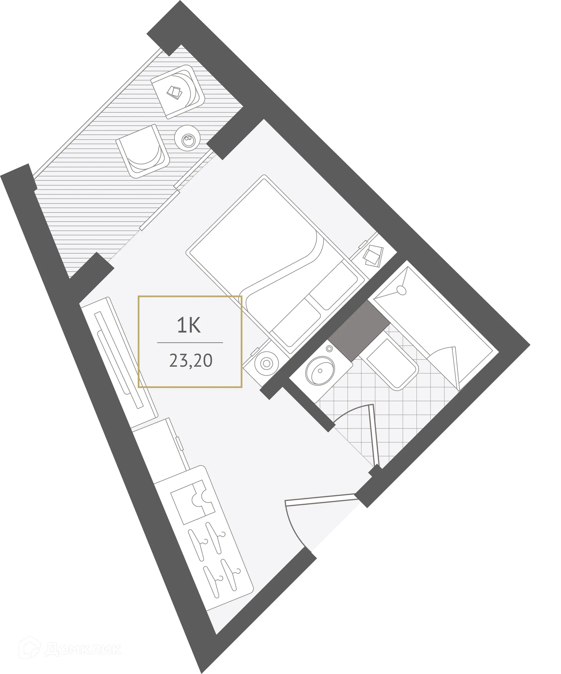 Планировка 1-комнатной квартиры 23.2 м² в ЖК Гостиничный комплекс "Нескучный сад", г. Сочи — фото 1