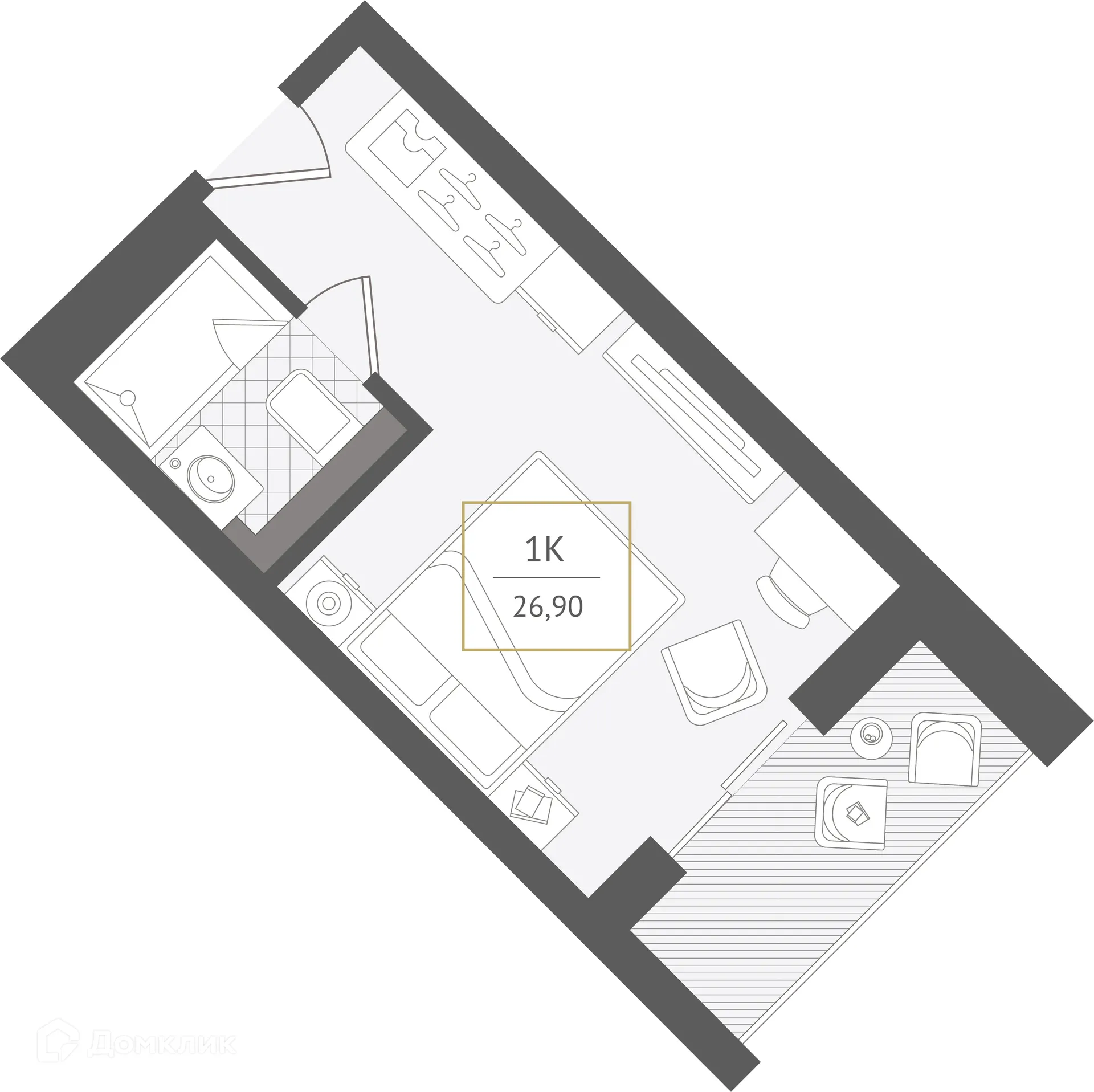 Планировка 1-комнатной квартиры 26.9 м² в ЖК Гостиничный комплекс "Нескучный сад", г. Сочи — фото 1