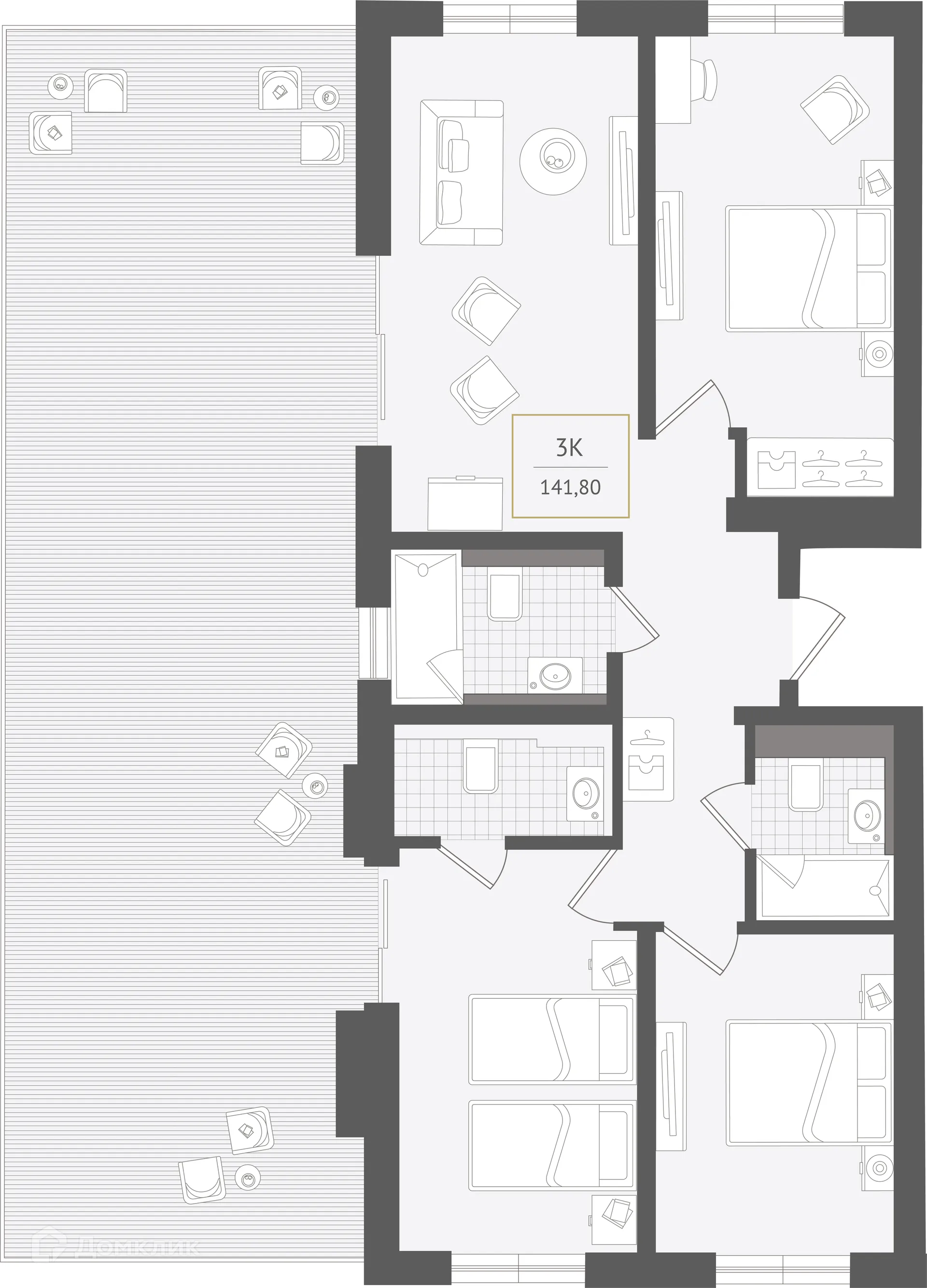 Планировка 3-комнатной квартиры 141.8 м² в ЖК Гостиничный комплекс "Нескучный сад", г. Сочи — фото 1