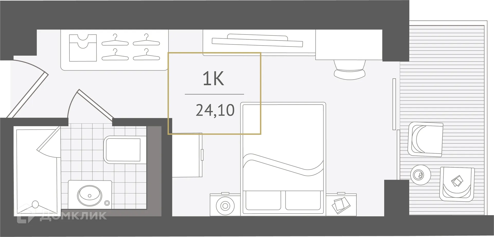 Планировка 1-комнатной квартиры 24.1 м² в ЖК Гостиничный комплекс "Нескучный сад", г. Сочи — фото 1