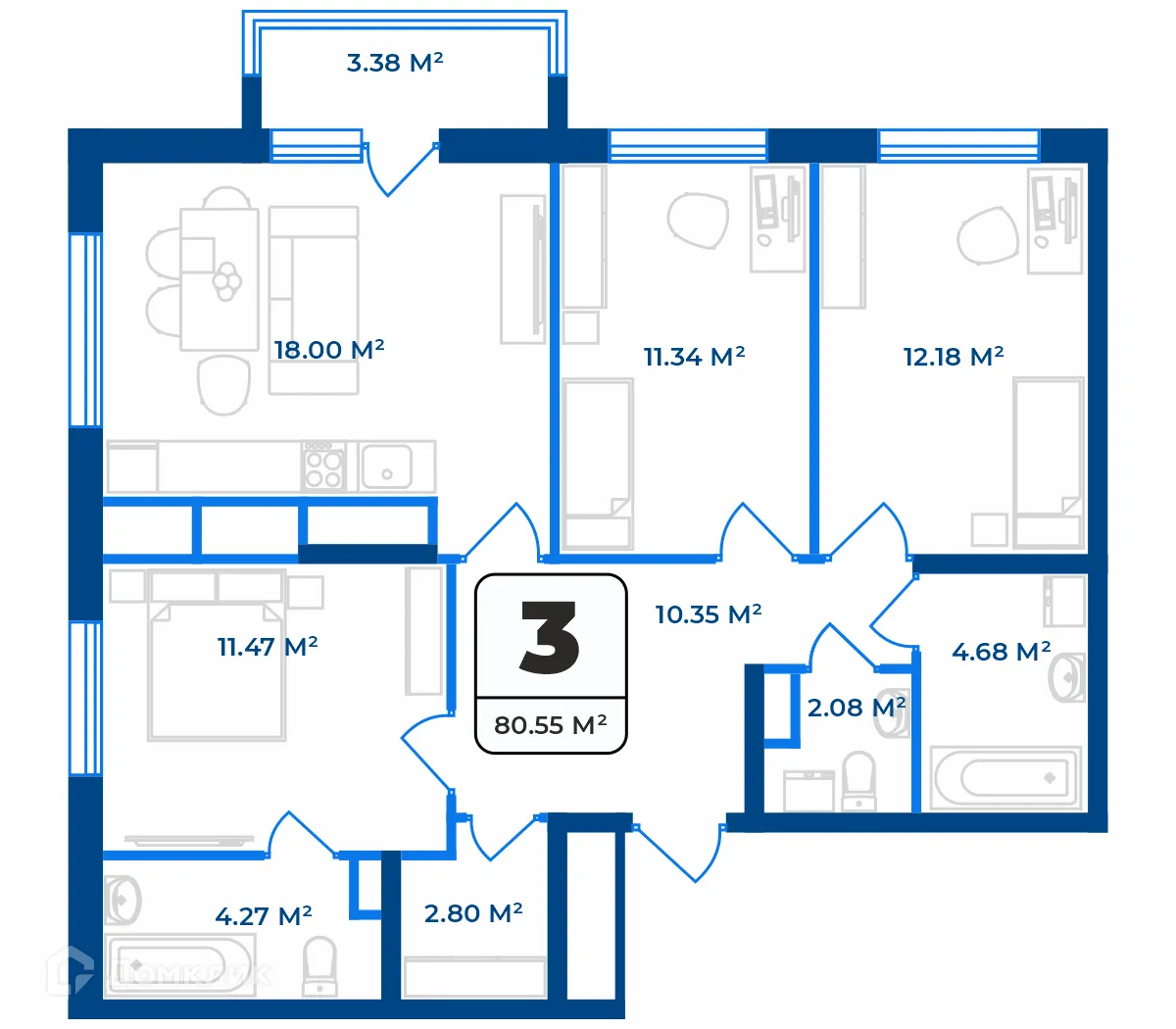 Планировка 3-комнатной квартиры 78.184 м² в ЖК Дом на Разина, г. Рязань — фото 1