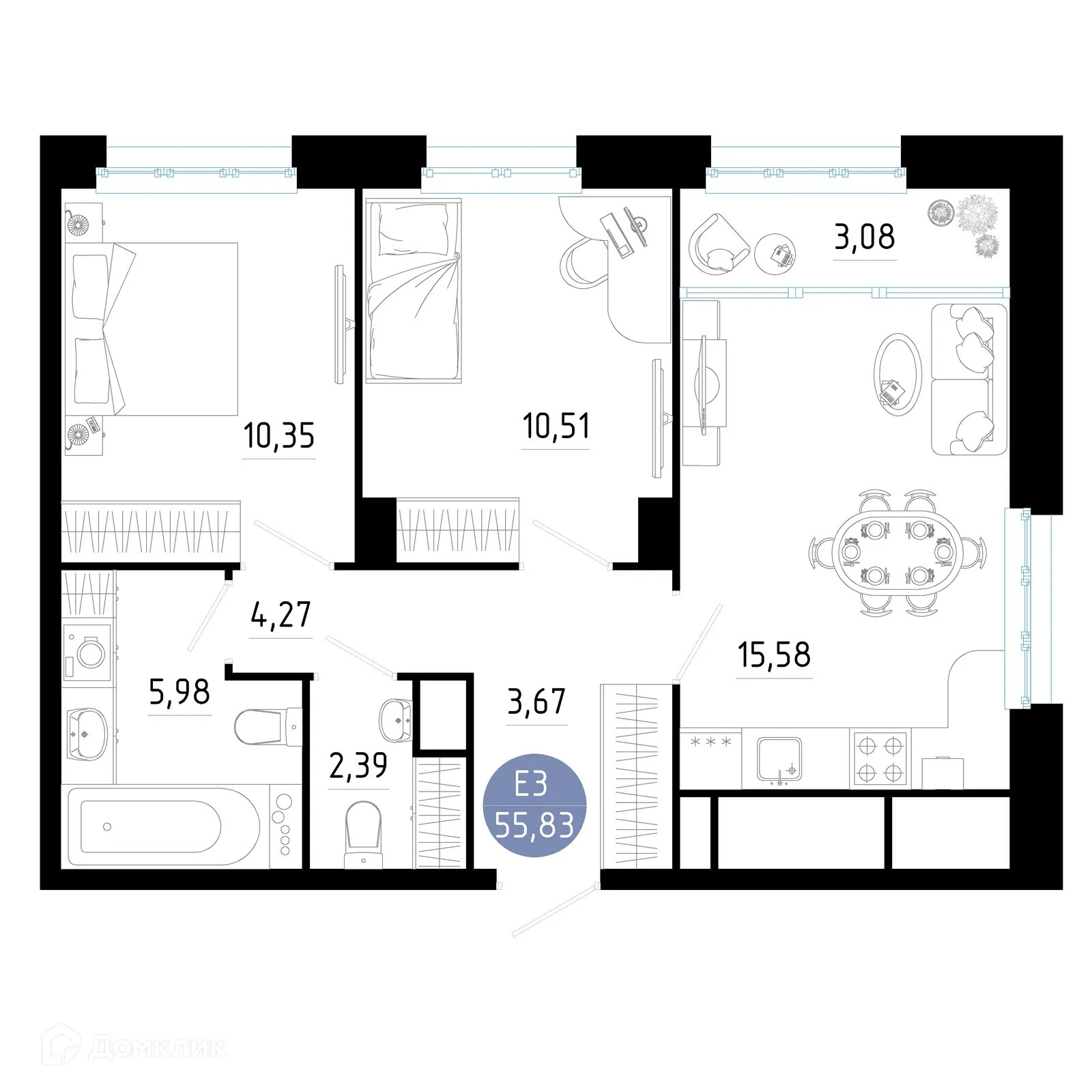 Планировка 2-комнатной квартиры 55.83 м² в ЖК РОЩА, г. Рязань — фото 1