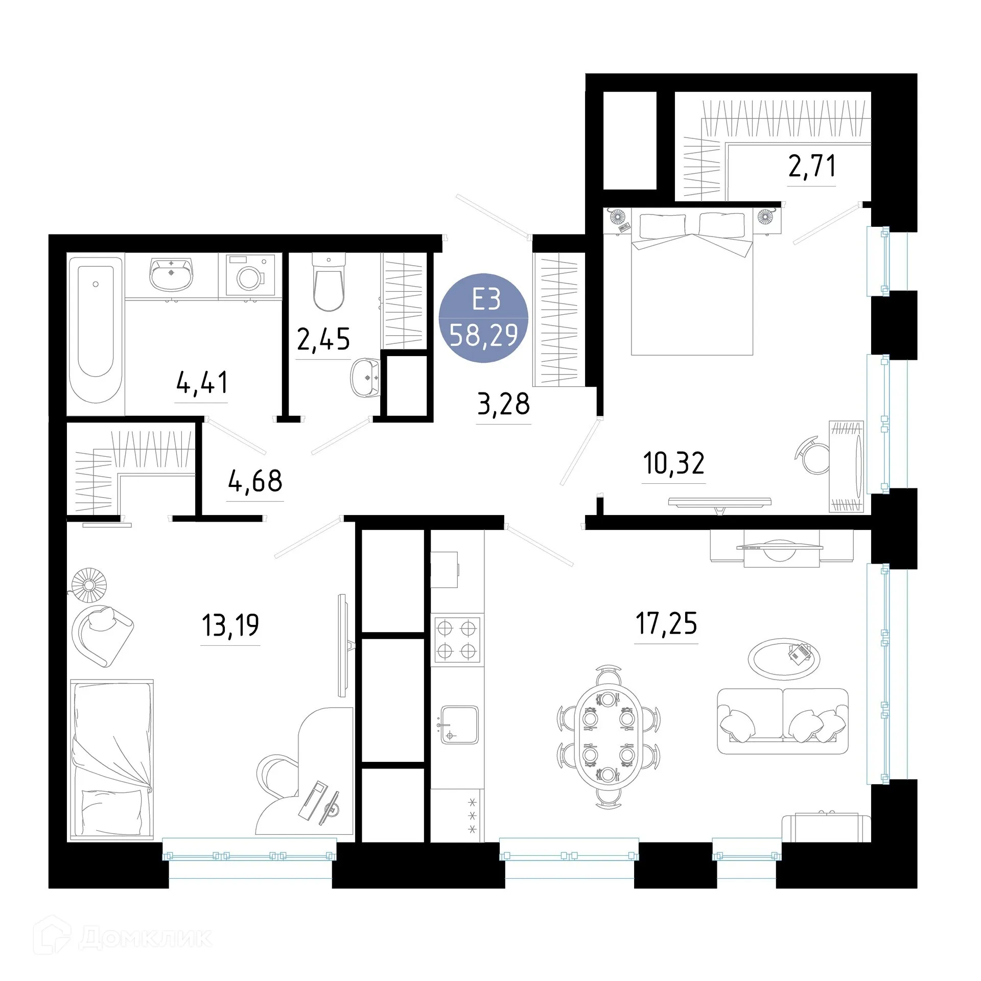 Планировка 2-комнатной квартиры 58.29 м² в ЖК РОЩА, г. Рязань — фото 1