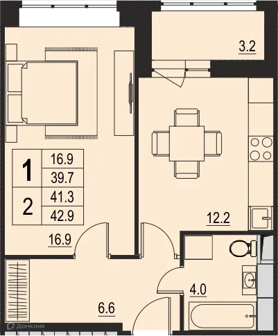 Планировка 1 комн. в ЖК "Ривер Парк"