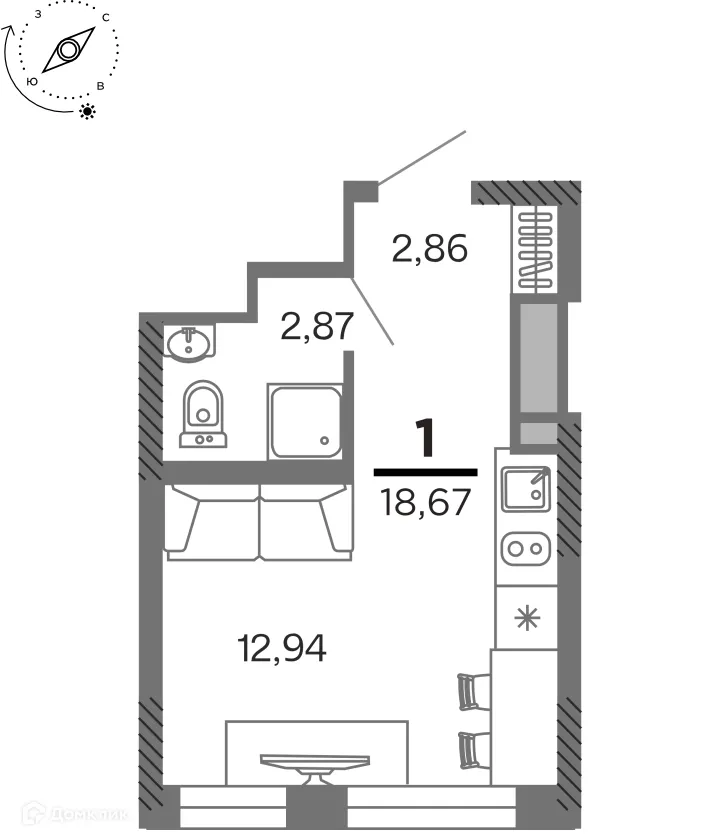 Планировка 1-комнатной квартиры 18.67 м² в ЖК город Рязань, Улица Зубковой, г. Рязань — фото 1