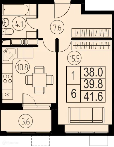 Планировка 1 комн. в ЖК "Ривер Парк"