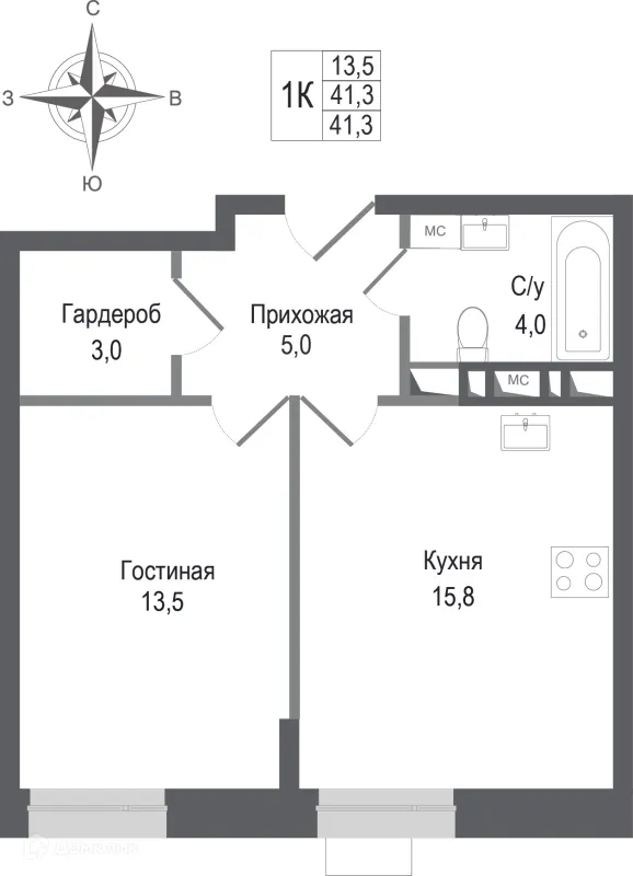 Планировка 1 комн. в ЖК Киноквартал
