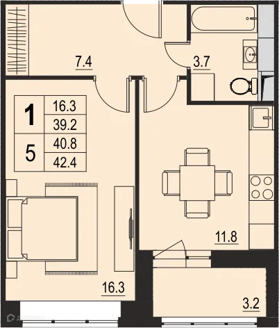 Планировка 1 комн. в ЖК "Ривер Парк"