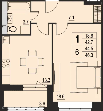 Планировка 1 комн. в ЖК "Ривер Парк"
