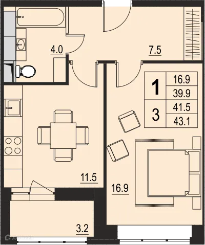 Планировка 1 комн. в ЖК "Ривер Парк"