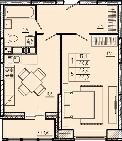Планировка 1 комн. в ЖК "Ривер Парк"