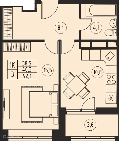 Планировка 1 комн. в ЖК "Ривер Парк"