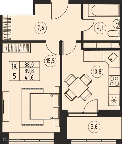 Планировка 1 комн. в ЖК "Ривер Парк"