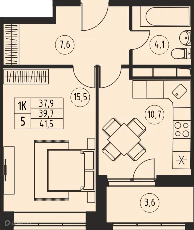 Планировка 1 комн. в ЖК "Ривер Парк"
