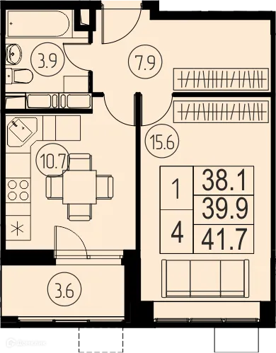 Планировка 1 комн. в ЖК "Ривер Парк"