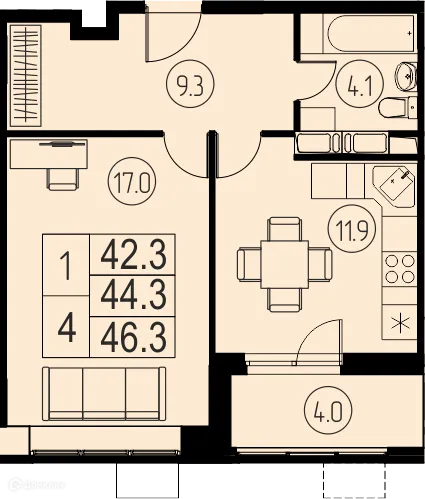 Планировка 1 комн. в ЖК "Ривер Парк"