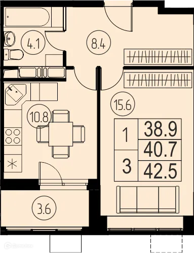 Планировка 1 комн. в ЖК "Ривер Парк"