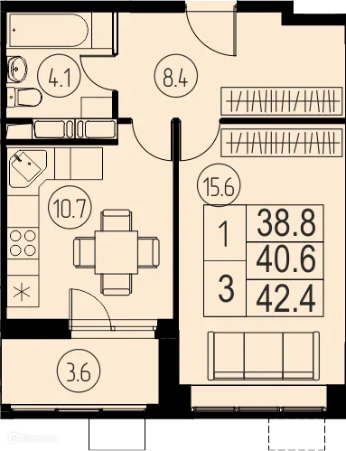 Планировка 1 комн. в ЖК "Ривер Парк"
