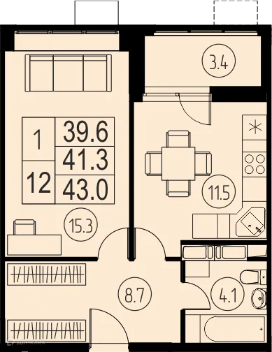 Планировка 1 комн. в ЖК "Ривер Парк"