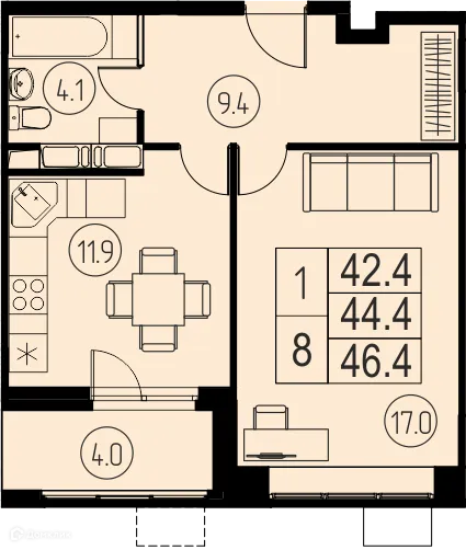 Планировка 1 комн. в ЖК "Ривер Парк"