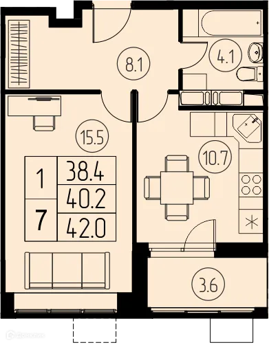 Планировка 1 комн. в ЖК "Ривер Парк"