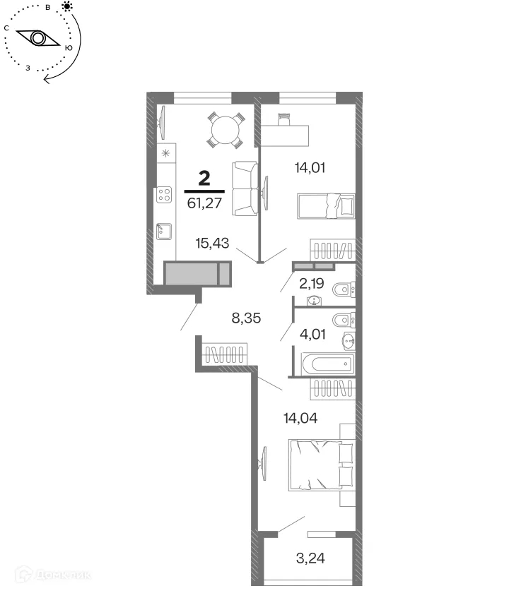 Планировка 2-комнатной квартиры 61.27 м² в ЖК "Бирюзова Парк", г. Рязань — фото 1