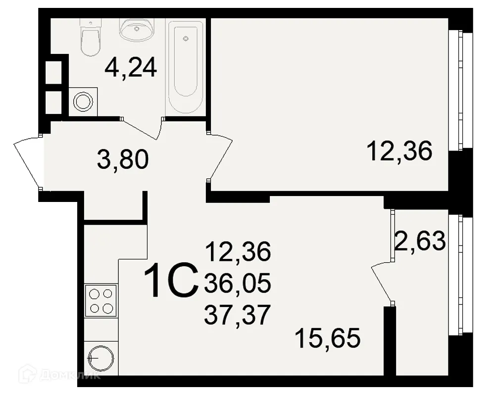 Планировка 1-комнатной квартиры 37.37 м² в ЖК Аура, г. Рязань — фото 1