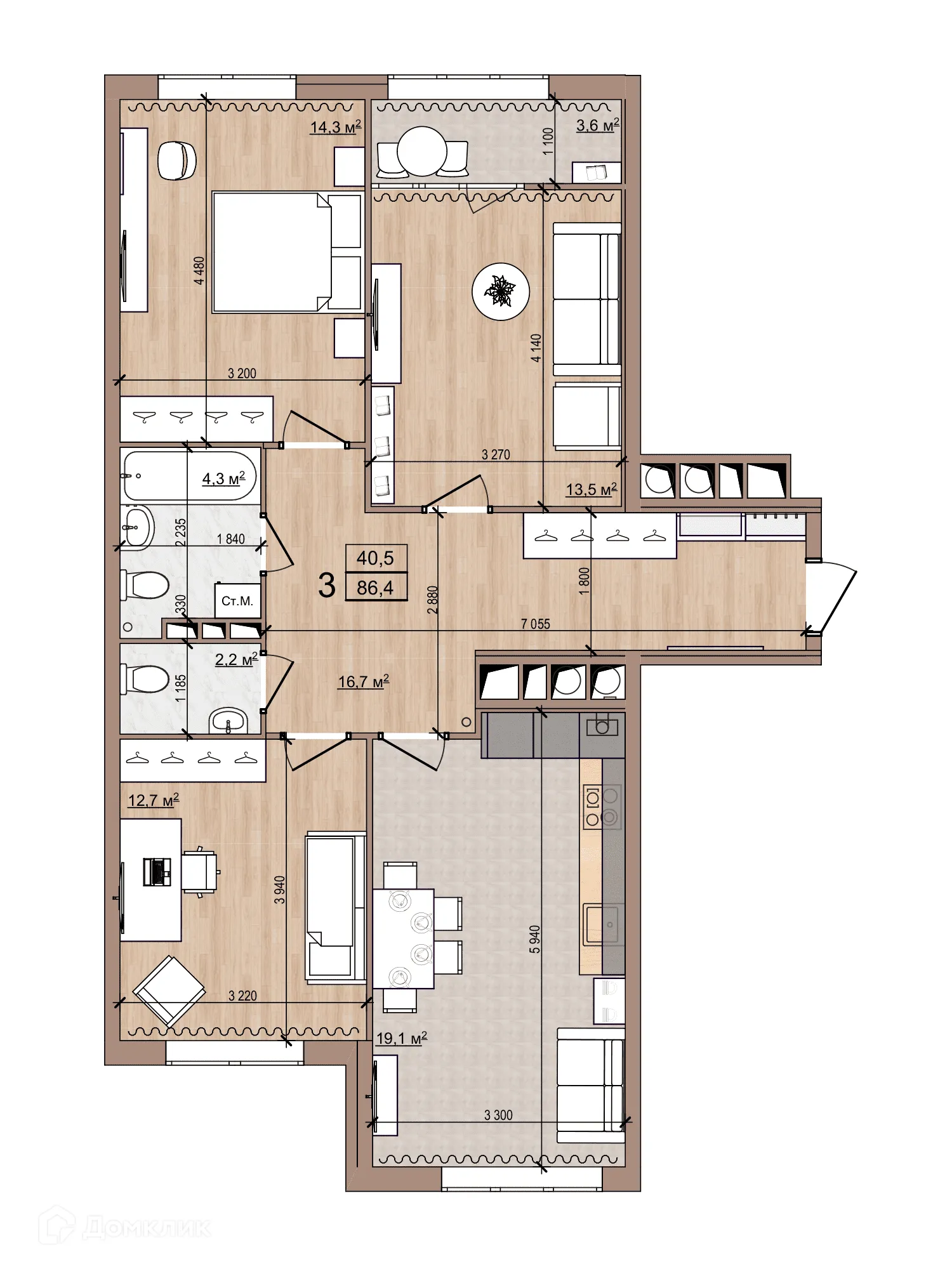 Планировка 3-комнатной квартиры 86.4 м² в ЖК Skyline (Скайлайн), г. Рязань — фото 1