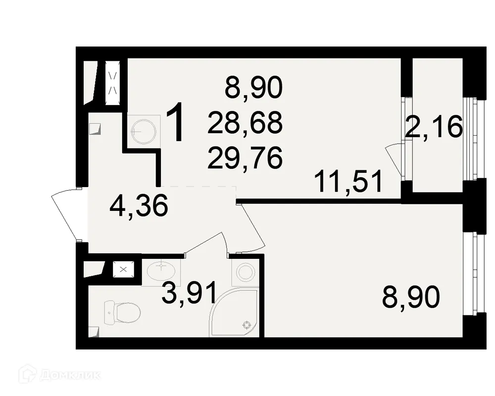 Планировка 1-комнатной квартиры 29.76 м² в ЖК Макроквартал "Свобода", г. Рязань — фото 1