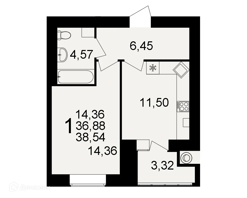Планировка 1-комнатной квартиры 38.54 м² в ЖК Видный, г. Рязань — фото 1