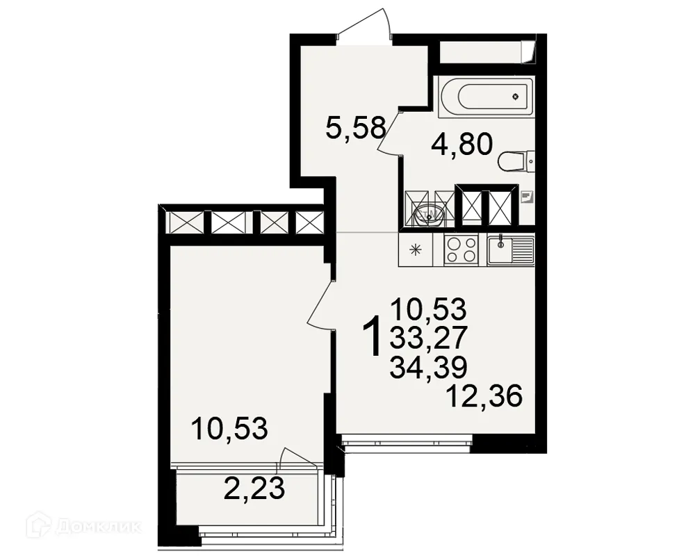 Планировка 1-комнатной квартиры 34.39 м² в ЖК Большая история, г. Рязань — фото 1