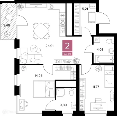 Планировка 2-комнатной квартиры 66.01 м² в ЖК Квартал Дягилев, г. Рязань — фото 2