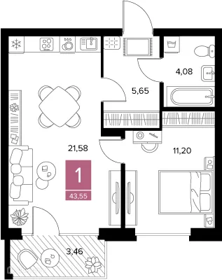 Планировка 1-комнатной квартиры 43.55 м² в ЖК Квартал Дягилев, г. Рязань — фото 2