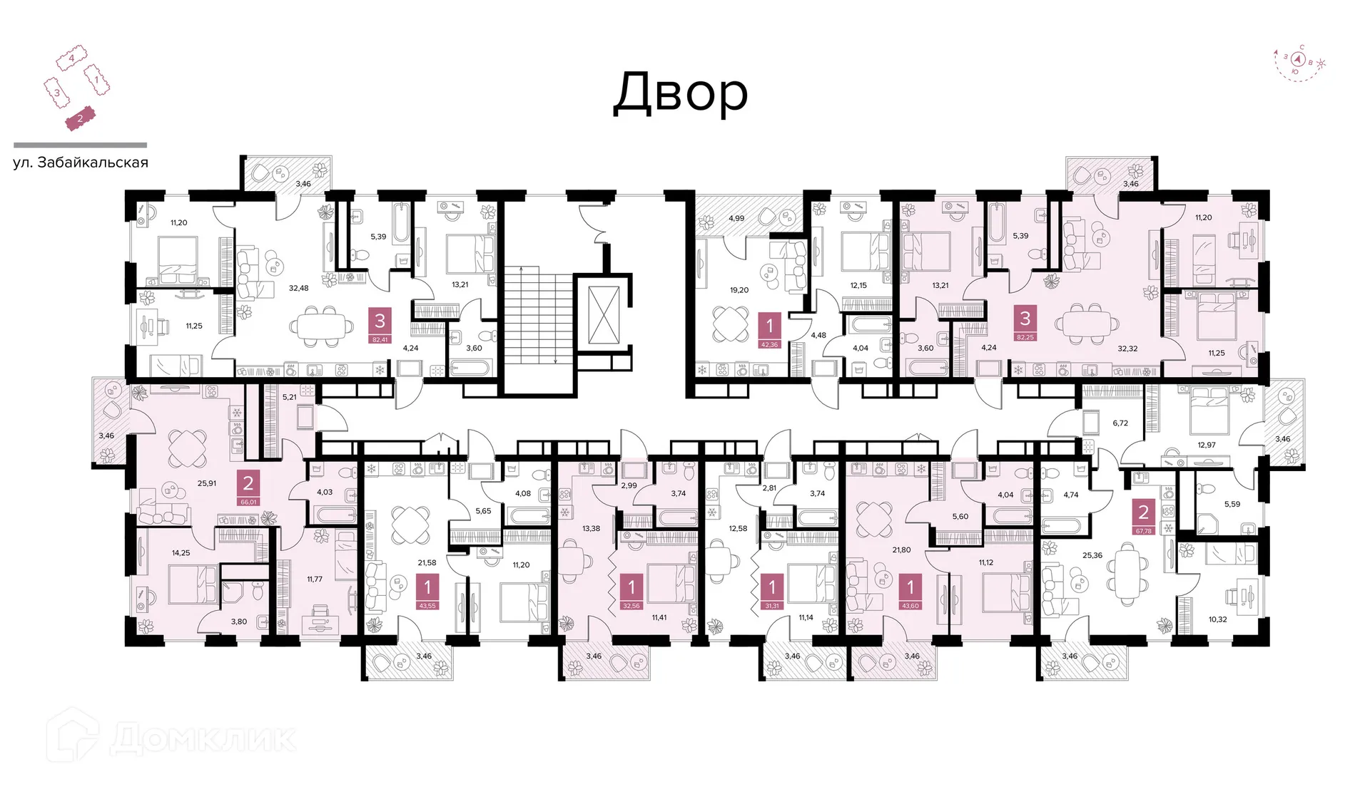 Планировка 3-комнатной квартиры 82.41 м² в ЖК Квартал Дягилев, г. Рязань — фото 3