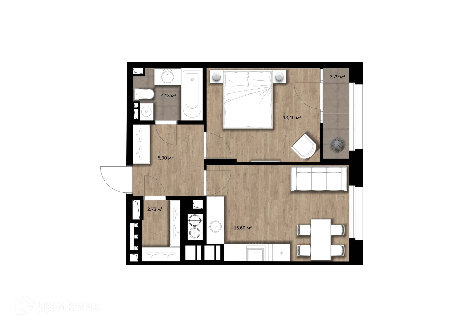 Планировка 1-комнатной квартиры 41.85 м² в ЖК "Голландия", г. Рязань — фото 1