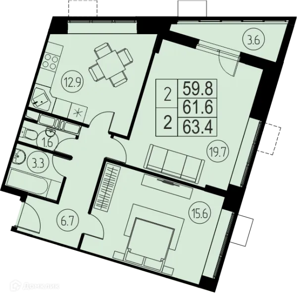 Планировка 2 комн. в ЖК "Ривер Парк"