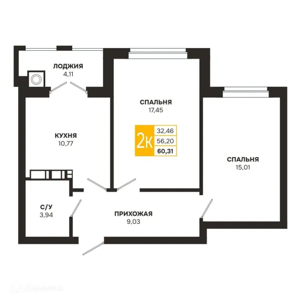 Планировка 2 комн. в ЖК Ривер Парк