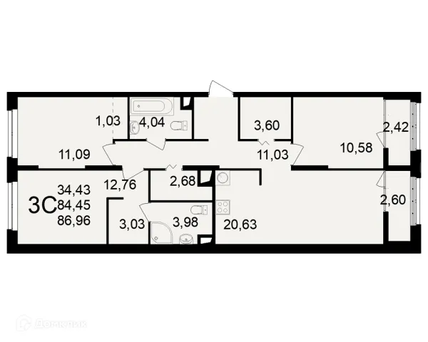 Планировка 3 комн. в ЖК"Новое измерение"